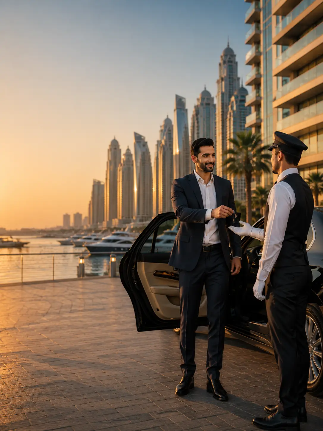 A professional handing car keys to a valet outside a residential tower in Dubai Marina at sunset, with the marina skyline and yachts in the background