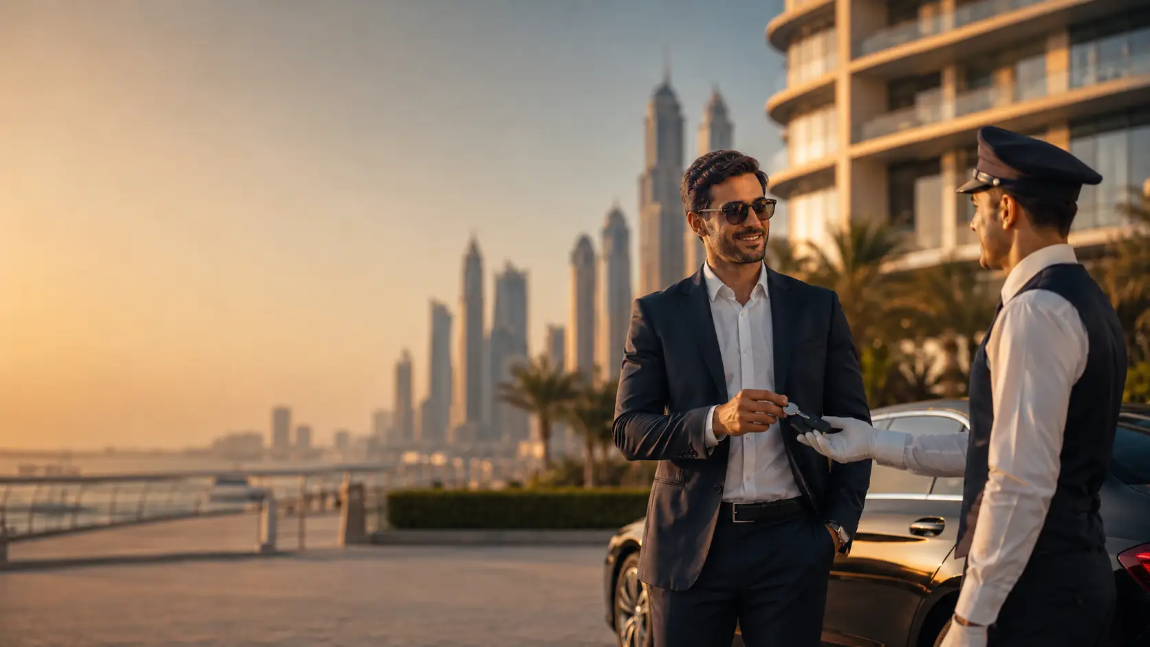 A professional handing car keys to a valet outside a residential tower in Dubai Marina at sunset, with the marina skyline and yachts in the background