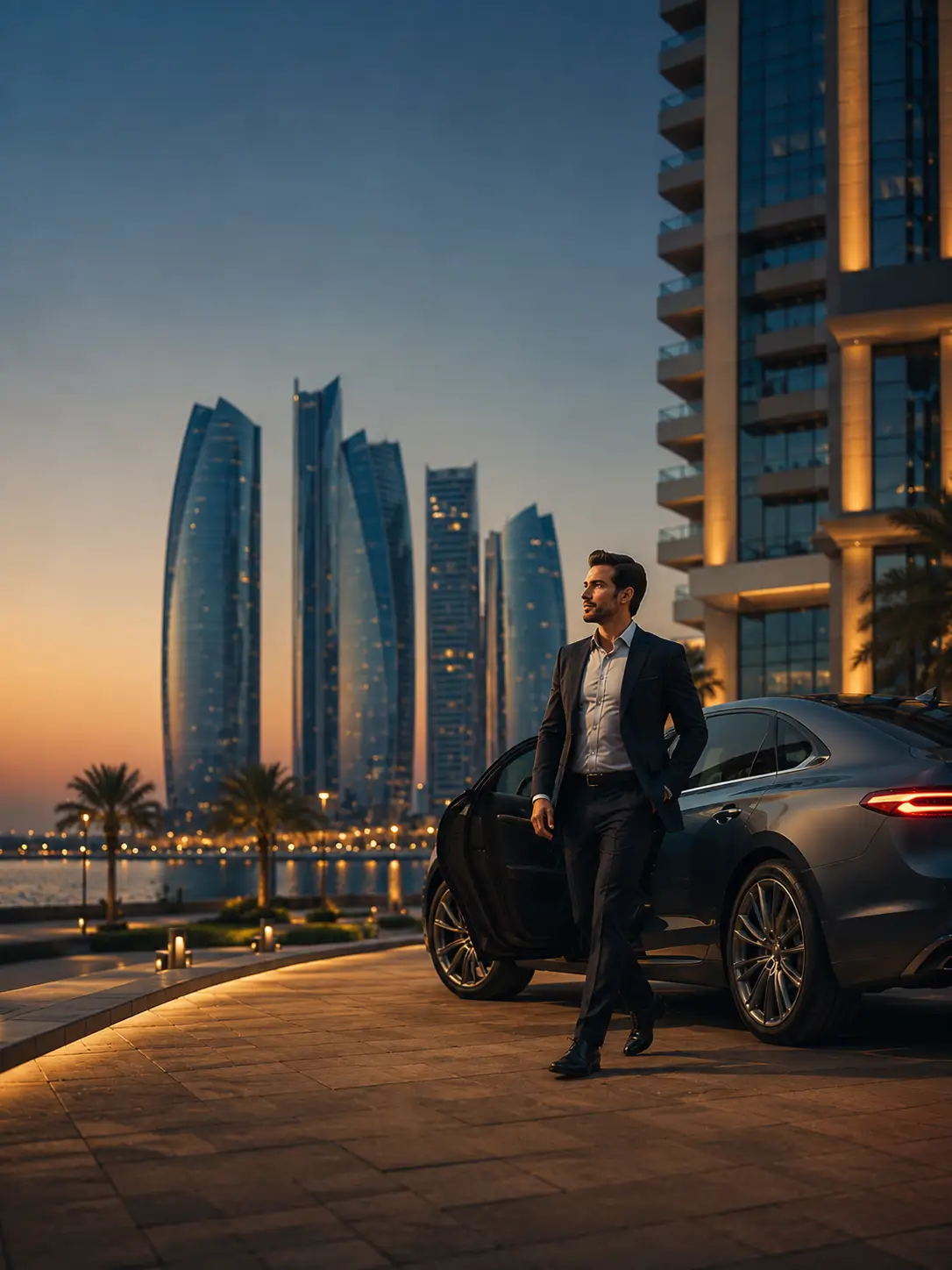 A professional confidently stepping out of his car in front of Abu Dhabi's Etihad Towers at dusk