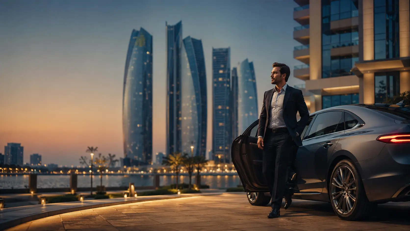A professional confidently stepping out of his car in front of Abu Dhabi's Etihad Towers at dusk