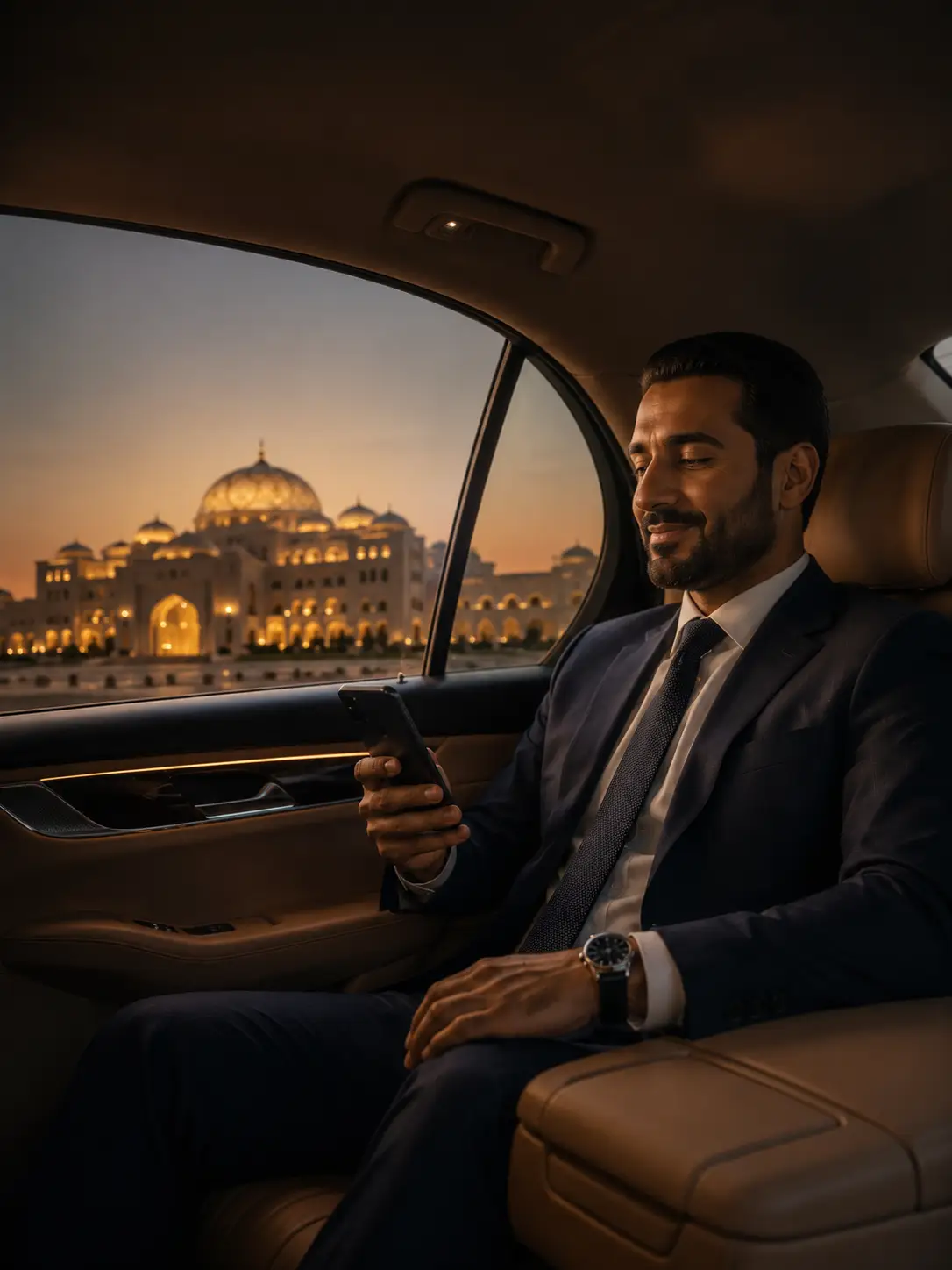 A businessman smiling at his phone in a chauffeured car at dusk, with Abu Dhabi's Sheikh Zayed Grand Mosque illuminated in the background