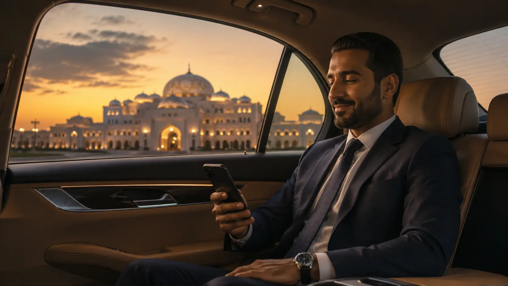 A businessman smiling at his phone in a chauffeured car at dusk, with Abu Dhabi's Sheikh Zayed Grand Mosque illuminated in the background