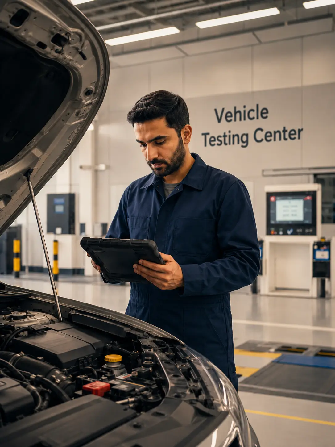Technician inspecting a vehicle at a government-certified testing facility
