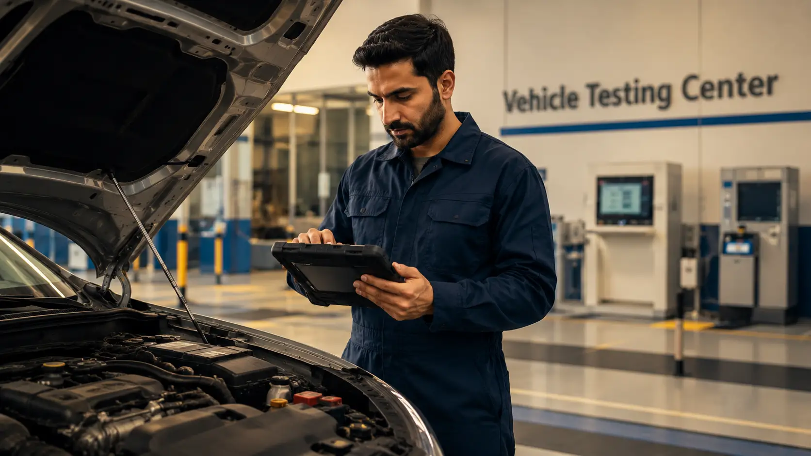 Technician inspecting a vehicle at a government-certified testing facility