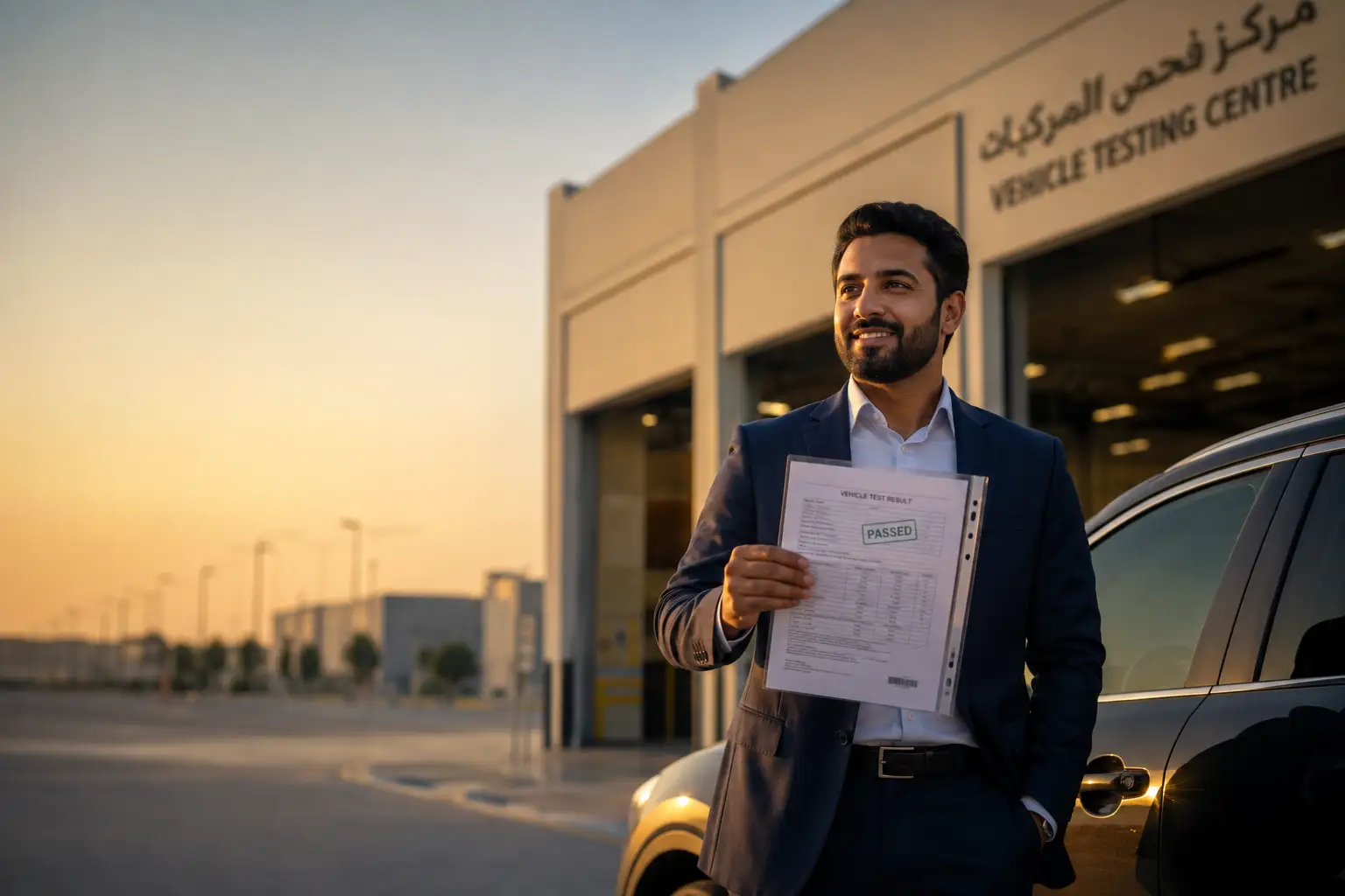 A businessman smiling with relief while holding a passed vehicle inspection certificate outside a testing centre in the UAE at golden hour
