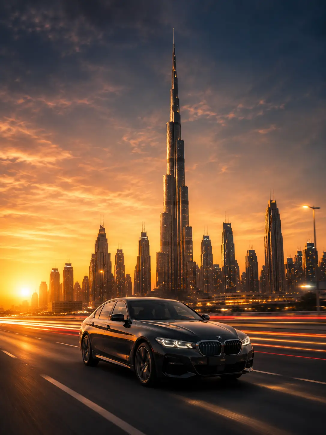 A car driving on a Dubai highway at sunset with the Burj Khalifa skyline in the background