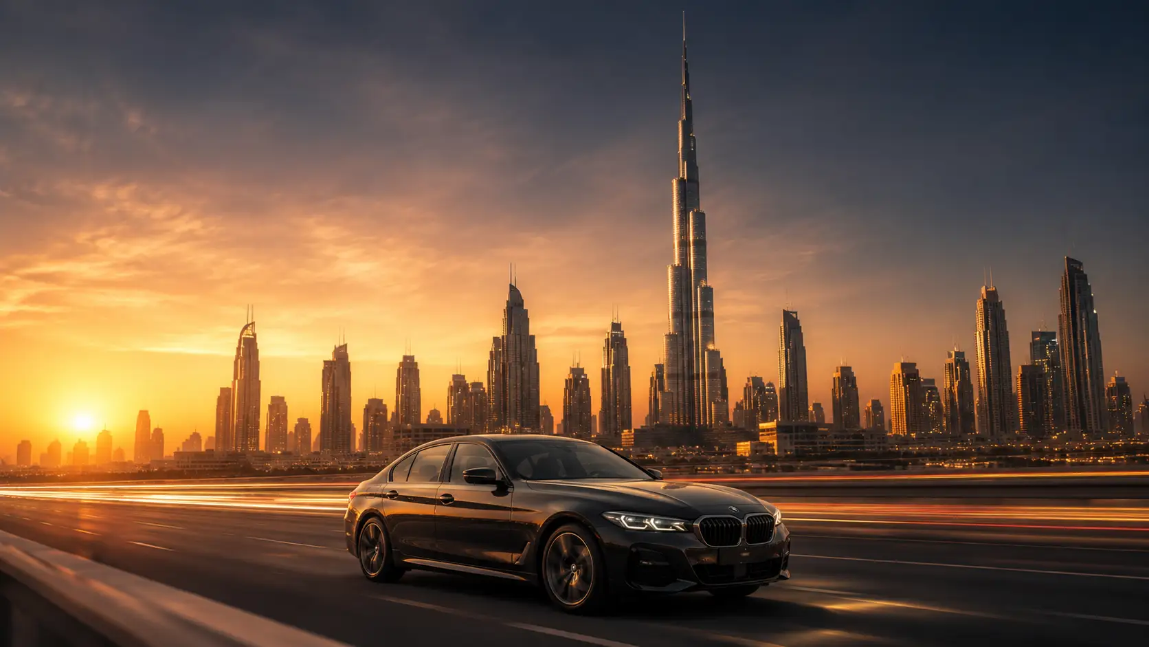 A car driving on a Dubai highway at sunset with the Burj Khalifa skyline in the background